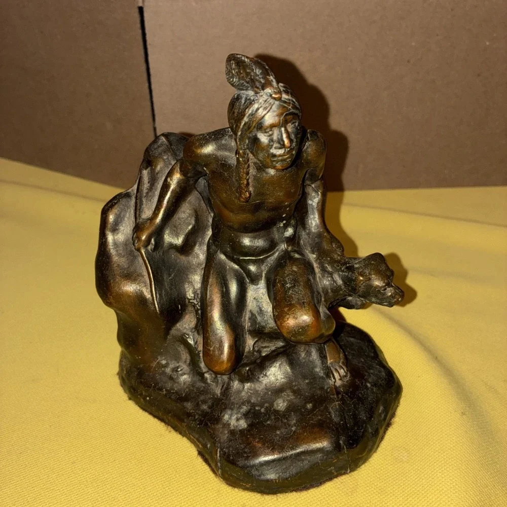 Vintage Bronze Native American Indian Hunting with Dog Book Bookend